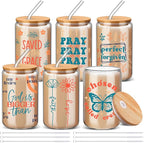 6 Pcs Christmas Jesus Christian Glasses 16 oz Drinking Glass Cup with Bamboo Lid and Glass Straw Can Shaped Beer Tumbler for Women Teenager Birthday Party Favor Christmas Appreciation Gift