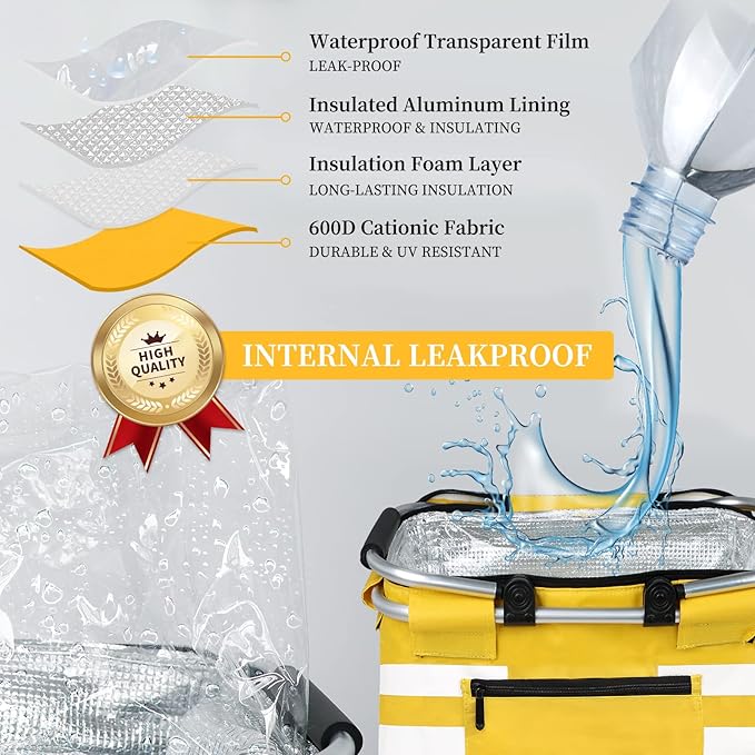 Insulated Picnic Basket,Leak-Proof Collapsible Cooler Bag,26L Grocery Basket with Lid,2 Sturdy Handles,Storage Basket for Picnic,Food Delivery,Take Outs,Market Shopping,Travel (Yellow)