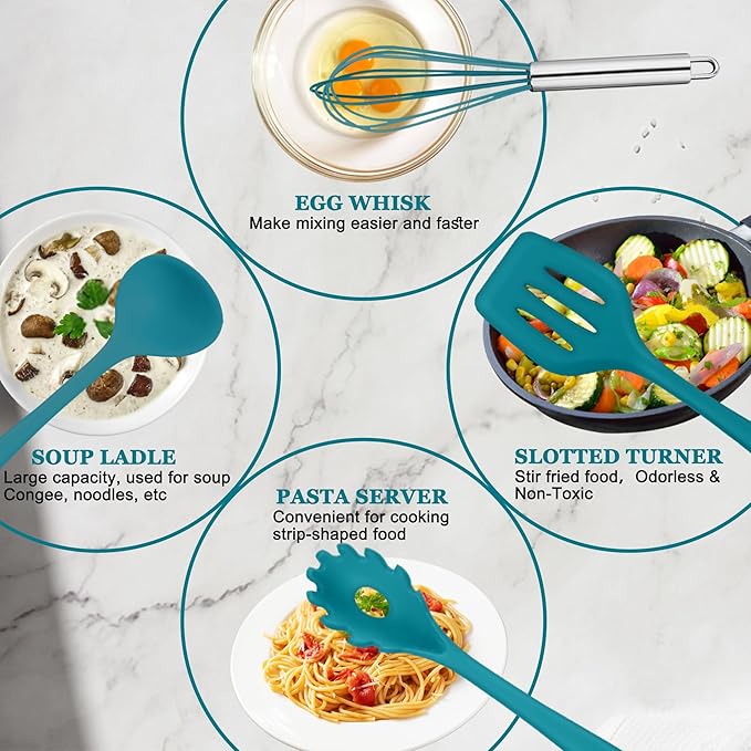 E-far 10 Pieces Silicone Cooking Utensils Set, Heat Resistant Kitchen Utensil Set for Nonstick Cookware, Kitchen Cooking Tools with Spatula, Spoon, Slotted Turner, Non-Toxic & Dishwasher Safe (Blue)