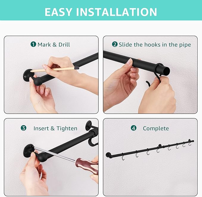 ROTHLEY Hanging Pot Rack Hanger: 23.7 Inch Stainless Steel Pot and Pan Hanger Pot Rack Wall Mounted Hanging Pots and Pans Rack Pot Hangers for Kitchen Wall Kitchen Rail with Hooks（Matt Black）