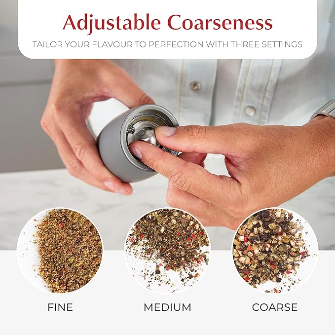 Urban Noon Gravity Salt and Pepper Grinder Set - Battery Operated Electric Grinders with Light (2 Matte Gray Mills) - Automatic One Handed Operation - Electronic Adjustable Shakers - Ceramic Grinders