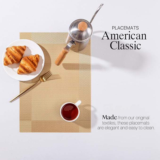 LEXMORE PVC Woven Placemats 12 PCS Wipeable Indoor/Outdoor Table Mats Washable Vinyl Place Mats for Dining Table, Set of 12-Gold Cube