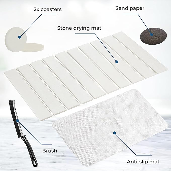 Premium Stone Dish Drying Mat – Large Foldable Kitchen Counter Mat, Super Absorbent Diatomaceous Earth with Coasters, Brush & Anti-Slip Pad – Fast Drying, White