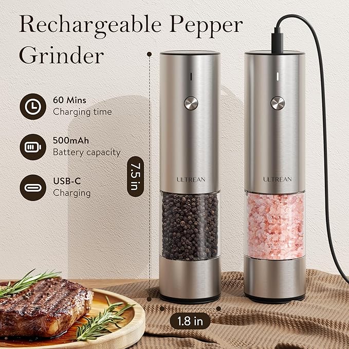 Ultrean Salt and Pepper Grinder Set, Rechargeable Salt and Pepper Shakers, 6 Adjustable Coarseness, LED Light, Kitchen Gadget & Housewarming Gift, Stainless Steel