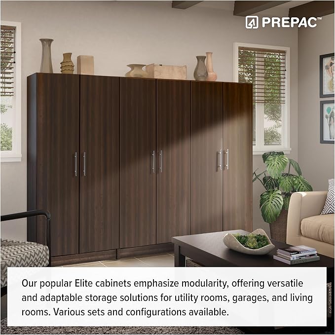 Prepac Elite Tall Garage Storage Cabinet & Pantry Storage Cupboard, 2-Door Freestanding Bathroom or Pantry Cabinet with Adjustable Shelves, 16" D x 32" W x 65" H, Espresso