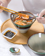 HENXFEN LEAD Japanese Ramen Noodle Bowls Set of 2 - Deep Ceramic Soup Bowls with Spoons, Chopsticks and Holder, 20 Oz Serving Dishes for Pho, Udon Noodle, Cereal - Reactive Green