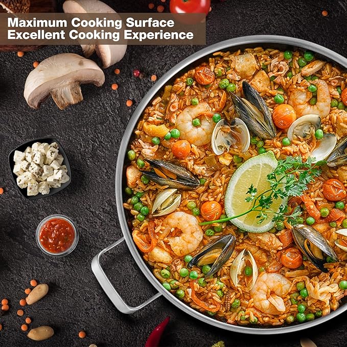 14 Inch Paella Pan with Lid, Ceramic Nonstick & Stainless Steel Induction Ready, 12-Serving Large Skillet, Oven Safe 550°F for Paella, Searing, Frying (Family Gathering & Outdoor Cooking)