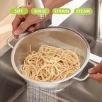 5QT Metal Colander with Handle, Large Stainless Steel Strainer for Kitchen, Mesh Strainer for Washing Pasta, Spaghetti, Fruit, Vegetable, Rice Washer, Fast Draining, Dishwasher Safe