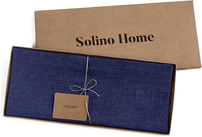 Solino Home Linen Table Runner 60 Inches - 100% Pure Linen Chambray Navy Table Runner 14 x 60 Inch Ideal for Dresser and Coffee Tables - Summer, Fall, Autumn - Athena