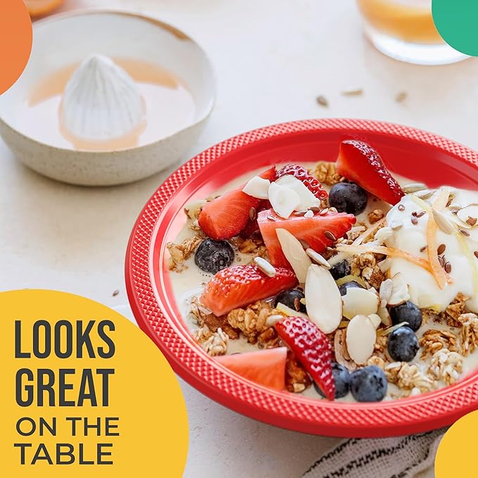 Party Solids 12 Oz Red Plastic Bowls Disposable Bowls for Hot Food Soup 50 Pcs - For Soup, Salad, Cereal, Desserts & Party Supplies