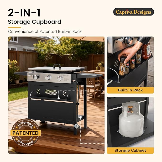 Captiva Designs 27 in Flat Top Griddle Grill with Ceramic Coated Cast Iron Pan, 3-Burner Propane Gas Griddle Grill, 33,000 BTU Output Flattop Grills for Outdoor Barbecue, Cooking and Party