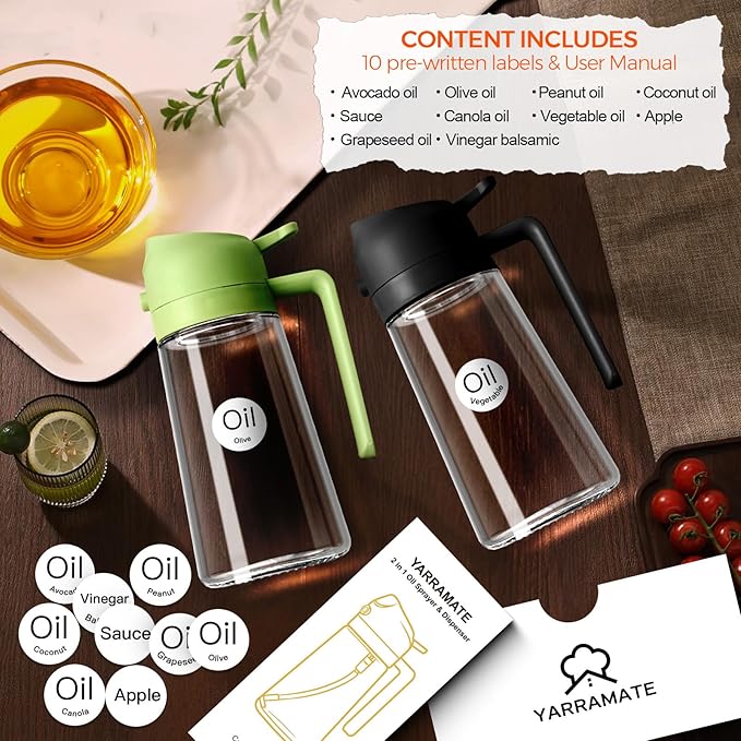 YARRAMATE 2Pcs 16oz/470ml Olive Oil Dispenser, Food-grade 2 in 1 Oil Glass Sprayer for Cooking, Kitchen, Air Fryer, Salad, Frying, BBQ (Black)