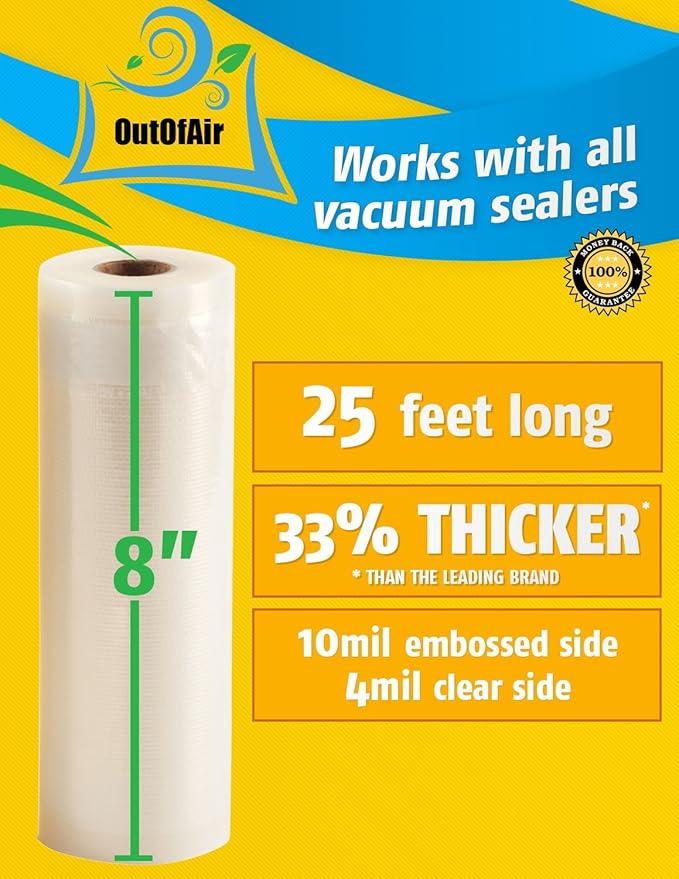 8" x 25' Rolls (Fits Inside Machine) - BULK 8 Pack (200 ft total) OutOfAir Vacuum Sealer Rolls Works With FoodSaver & Other Machines, 33% Thicker BPA Free Sous Vide Commercial Grade Bags
