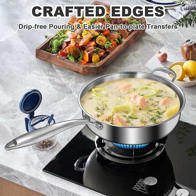 EWFEN 12 Inch Tri-Ply Stainless Steel Frying Pan, 5-Quart Deep Saute Pan with lids, PFOA&PTFE Free Skillet, Induction Cooking Pan, Dishwasher&Oven Safe,Works on All Cooktops