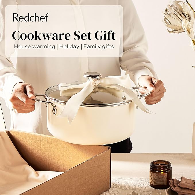 Redchef Ceramic Nonstick Cookware Set,14pcs Pots and Pans Set Non Stick,Induction Cookware with Stainless Steel Handle,Non Toxic Kitchen Cooking Set,Dishwasher & Oven Safe,PFAS PFOA & PTFE Free