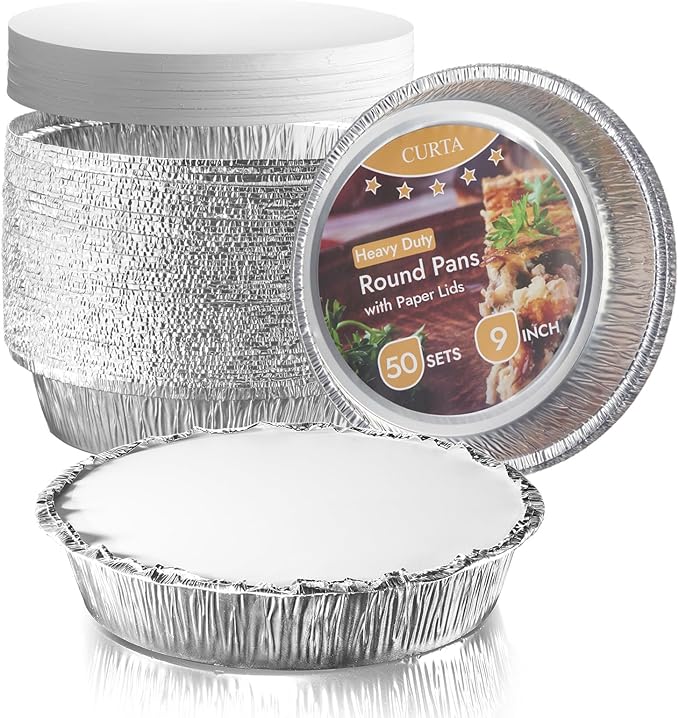 CURTA 50 Pack 9" Disposable Aluminum Foil Pans with Paper Lids | Great for Broiling, Baking, Storage, Roasting, Takeout, Air Fryer