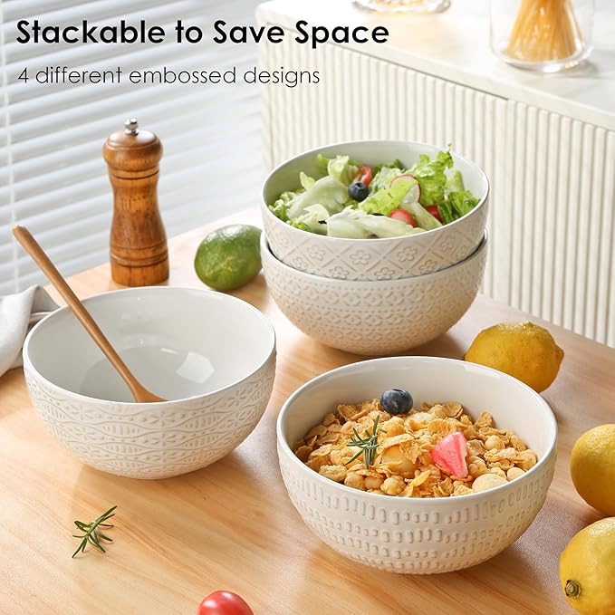 40 OZ Large Cereal Bowls Set of 4, Farmhouse Embossment Ceramic Salad Bowls for Soup, Serving, Fruit, Snack, Noodle, Ramen, Pho, Microwave & Dishwasher Safe, 6.7 Inch White