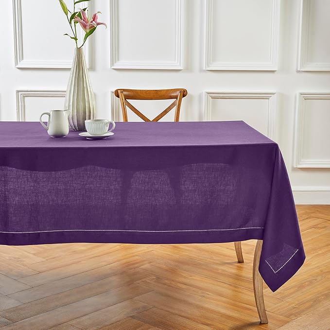 Solino Home Linen Tablecloth for Rectangle Tables 60 x 90 Inch - Classic Hemstitch 100% Pure Linen Purple Table Cloth - Machine Washable Cloth Tablecloth for Summer, Fall, Autumn, Halloween