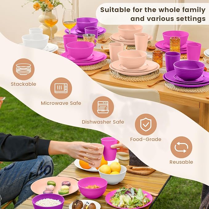 Homienly 40-Piece Wheat Straw Dinnerware Set, Reusable Plates and Bowls Sets, Alternative to Plastic Dishes Set-Dinner Plates with Textured Pattern, Bowls, Cups, Dishwasher Safe - Pink Flower