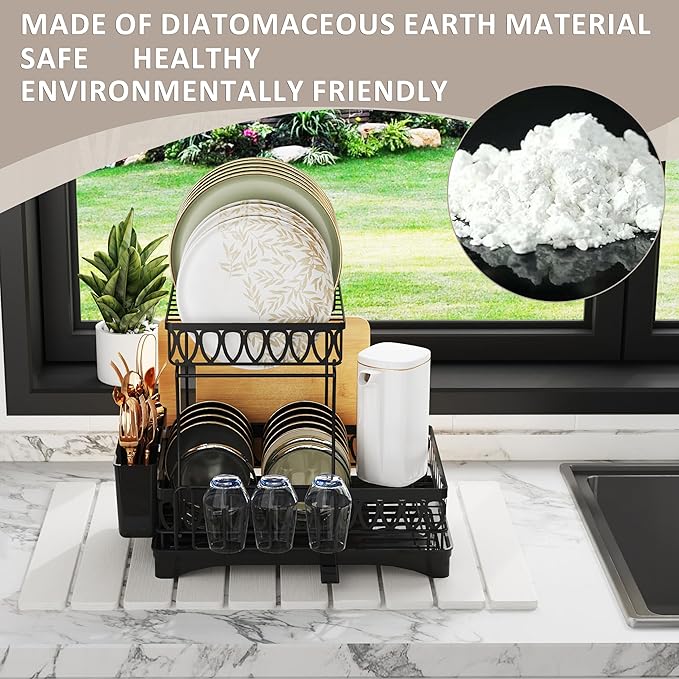 Stone Drying Mat for Kitchen Counter, Collapsible Dish Drying Mat, Large Quick Drying Absorbent Diatomaceous Earth Mats for Kitchen Dish Racks Bottles Cups 24"(L)×16"(W), Fit Most Countertop