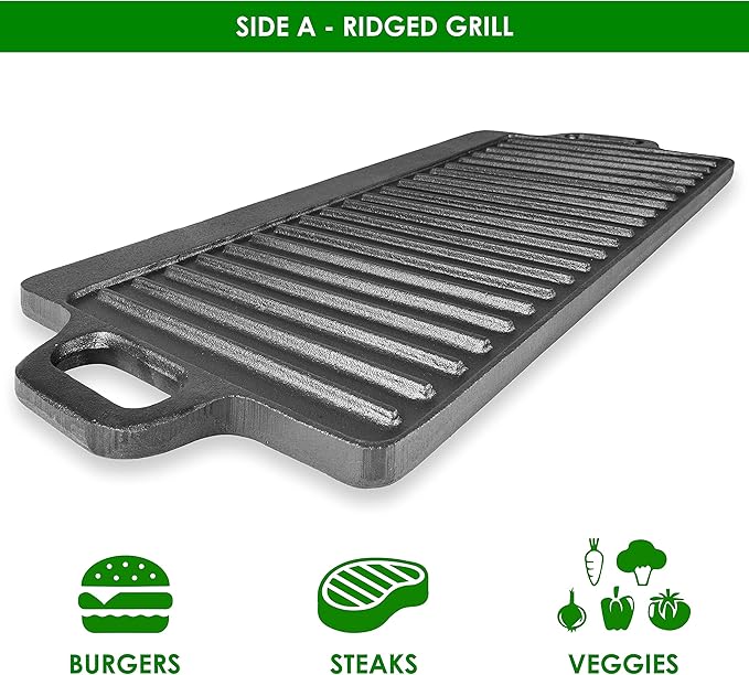 ProSource 2-in-1 Reversible 19.5” x 9” Cast Iron Griddle with Handles, Preseasoned & Non-Stick for Gas Stovetop, Oven and Open Fire.