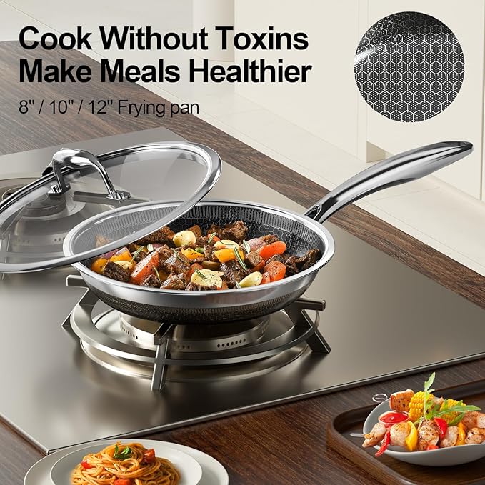 Fogdream 8” Stainless Steel Pan, Non Stick Frying Skillet with Lid, Tri-Ply Stainless Steel for All Cooktops, Dishwasher and Oven-Safe Cooking Pan, Stay-Cool Handle, Silver