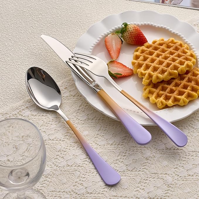 20-Pieces Color Silverware Sets for 4,Purple and Orange Handle Stainless Steel Cutlery Set, Include Forks Spoons and Knives Set, Dishwasher Safe Utensil Sets for Home Restaurant