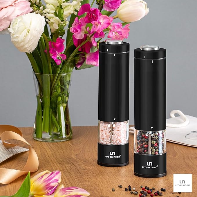 Electric Salt and Pepper Grinder Set - Battery Operated Stainless Steel Mill with Light (2 Black Mills) - Automatic One Handed Operation - Electronic Adjustable Shakers - Ceramic Grinders