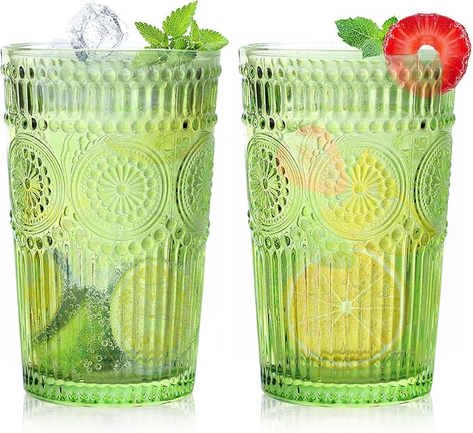 6pcs Vintage Drinking Glasses Set, 12 oz Green Highball Glasses, Embossed Ribbed Glassware Cups for Cocktail, Water, Juice, Coffee, Whiskey