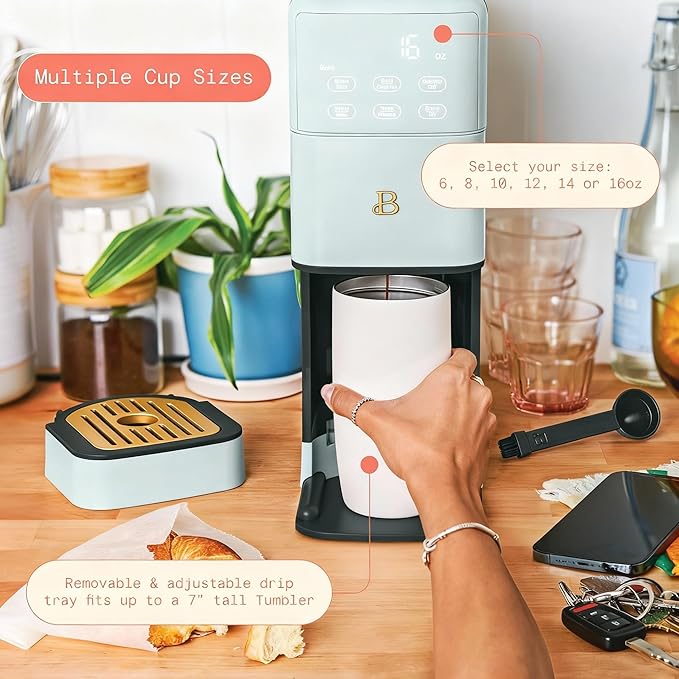 Beautiful Perfect Grind Programmable Single Serve Coffee Maker with Touch Display and Integrated Burr Grinder, Auto Coffee Strength Selection, 64oz Water Reservoir (Hydrangea)