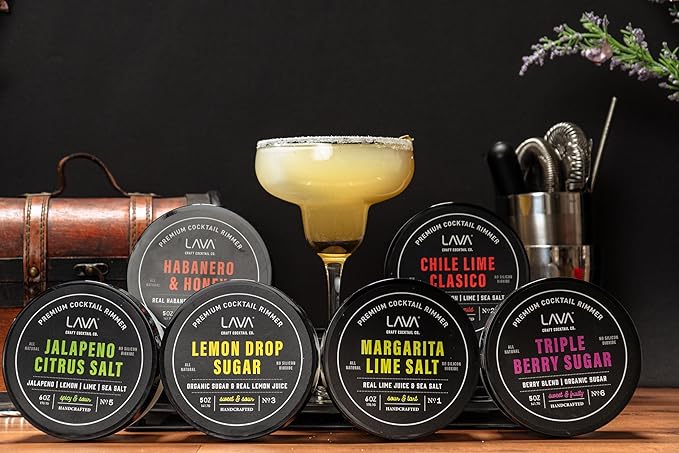 6-Pack LAVA Premium Cocktail Rimmers Variety: Jalapeno Citrus Sea Salt 6oz, Lemon Drop Sugar 5oz, Margarita Lime Sea Salt 6oz, Honey Habanero 5oz, Chile Lime Clasico 5oz, Triple Berry Sugar 5oz