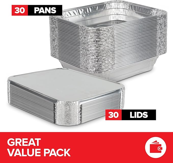 Stock Your Home (Set of 30) 9 x 13 Disposable Aluminum Pans with Lids - (30) Heavy Duty Foil Pans with Lids 9x13 (30) Foil Pan Covers, Food Catering Containers for Baking, Cooking, Heating, Storage