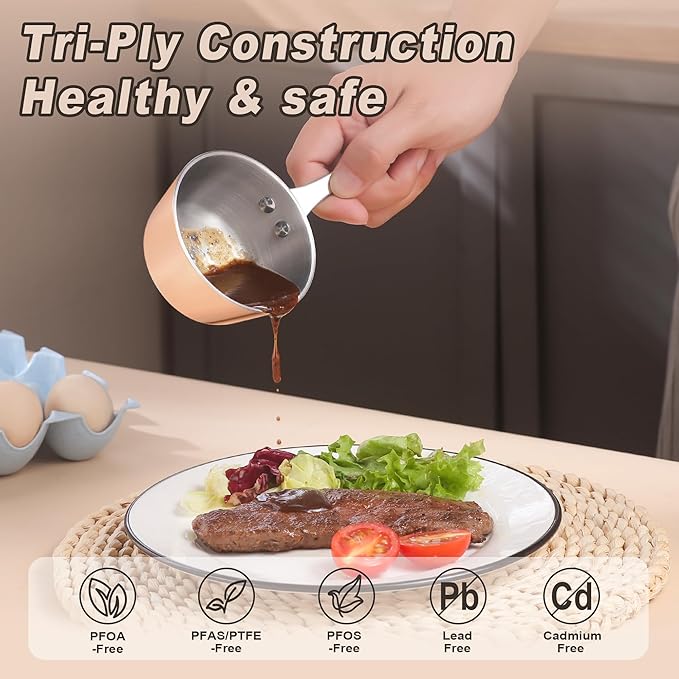 Mini Sauce Pan Butter Warmer Pot with Handle 18/10 Stainless Steel Small Pot for Melting Butter Heating Sauce Gravy & Oil (5oz/150ml) - Copper