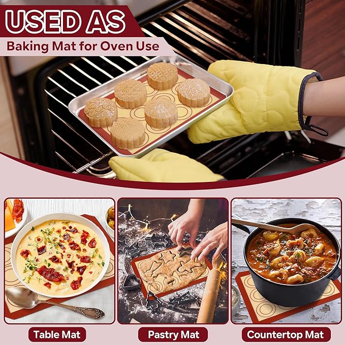 P&P CHEF 8.6 Inch Silicone Baking Mats, 2 Pcs Reusable Silicone Oven Mat, Non Stick Baking Supplies for Macaroon Pastry Bread Dough Cookie, Fits Well with Sheet Pan, Healthy & Easy Clean