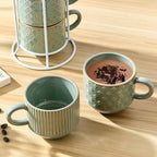 JIEMEI HOME Large Ceramic Coffee Mug Set of 4 with Stand, 15 Oz Stackable Embossment Ribbed Latte Cup Set for Cappuccino, Latte, Tea, Hot Cocoa, Drinks - Dishwasher & Microwave Safe, Vintage Turquoise