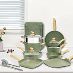17 Piece Pots and Pans Set Non Stick, Nonstick Induction Granite Kitchen Cookware Sets, Induction Cookware Frying Pans, Nonstick Granite Cooking Set, Pan Sets for Cooking, Green
