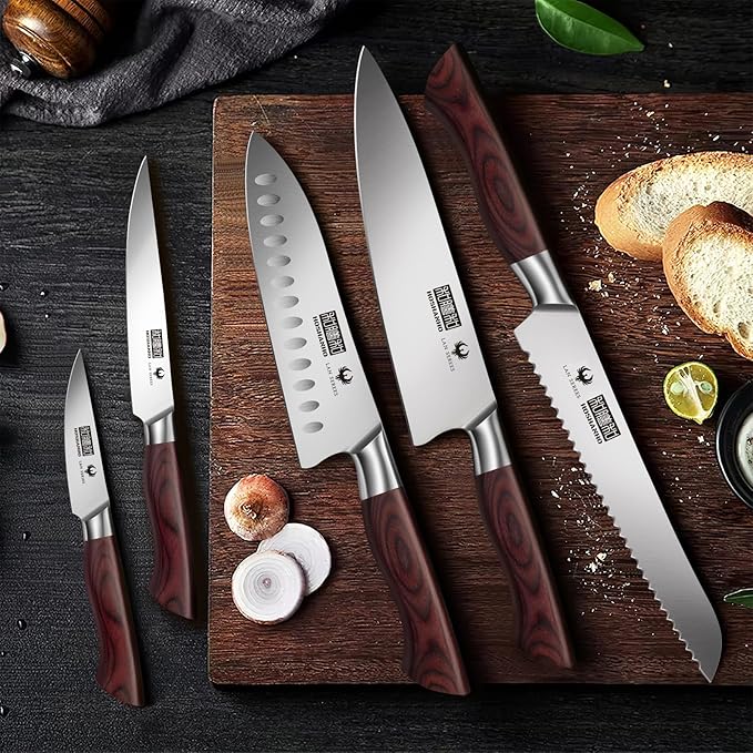 5-Piece Japanese Style Kitchen Knife Set,Professional Ultra Sharp High-Carbon Stainless Steel Chefs Knives with Ergonomic Wood Handle,Elegant Box Packaging
