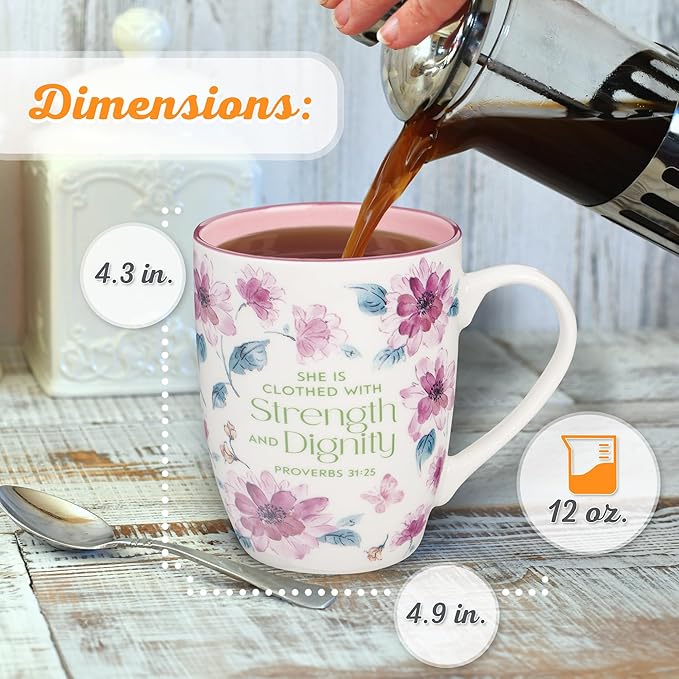 Christian Art Gifts Inspirational Ceramic Coffee & Tea Mug for Women: Strength & Dignity Encouraging Bible Verse Proverb, Microwave & Dishwasher Safe Drinkware, White, Pink & Fuchsia Floral, 12 oz.