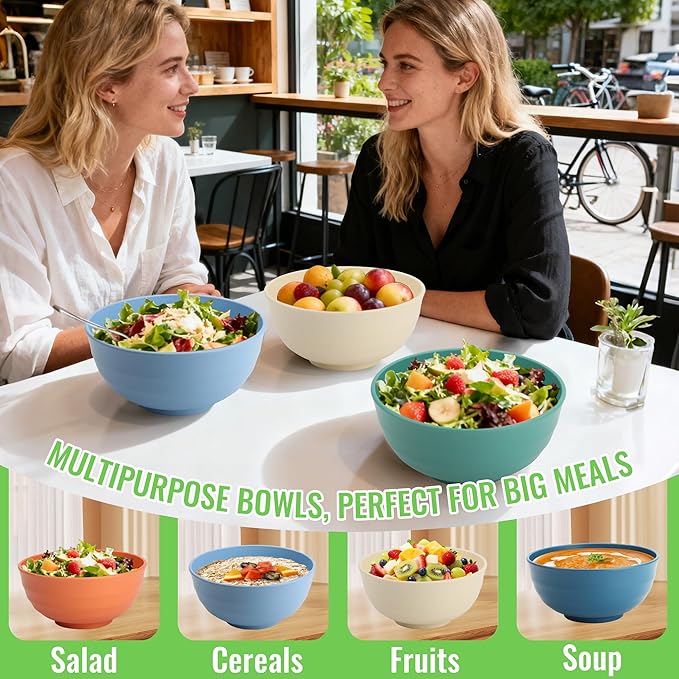 Wheat Straw Bowls 60 OZ, Unbreakable Large Salad Bowl Set of 6, Microwave and Dishwasher Safe Big Bowls for Kitchen, Camping, Picnic, RV, Serving Bowl Set for Ramen, Cereal, Soup - Multi