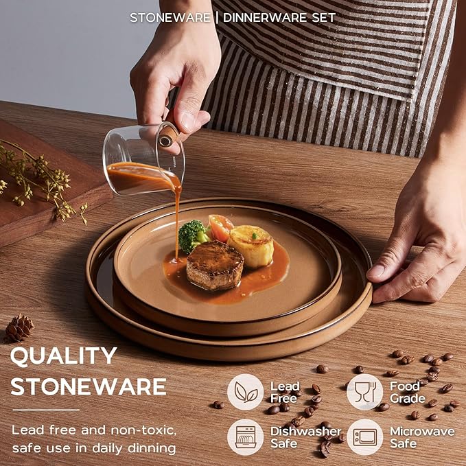 Stoneware Dinnerware Sets for 4, Onader Plates and Bowls with Unglazed Terracotta Bottom, Elegant Kitchen Ceramic Dish Dishware Set, Reactive Glaze 12 Piece - Earthy Umber