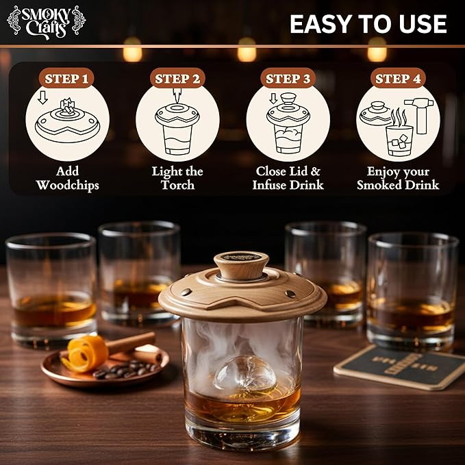 Cocktail Smoker Kit with Torch - Whiskey Smoker Kit comes with Saturn-Shaped Smoke Infuser, Culinary Torch, Cotton Bag and Wood Chips (Apple & Cherry) - Gifts for Men (Without Butane)
