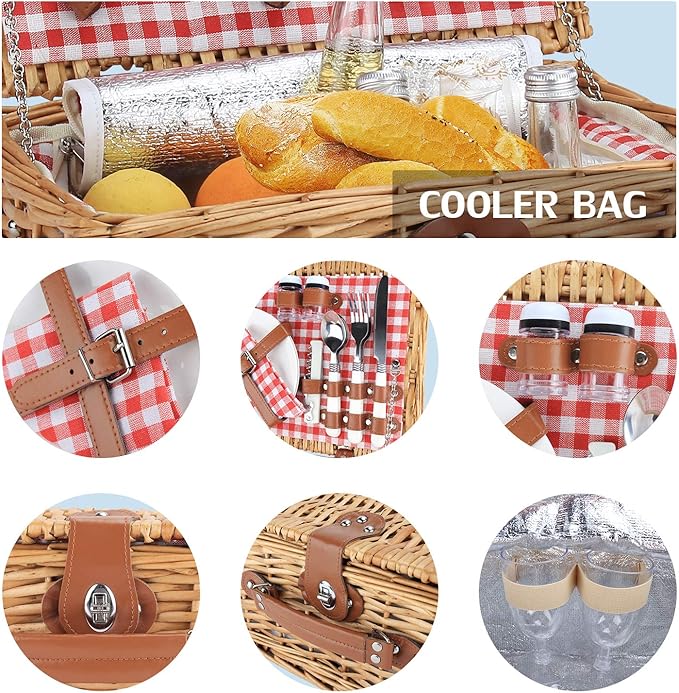 ZORMY Wicker Picnic Basket for 2 Person, Willow Hamper Basket Sets with Insulated Compartment, Handmade 2 Person Picnic Basket Classical Red Check with Utensils Cutlery Perfect for Picnic, Camping