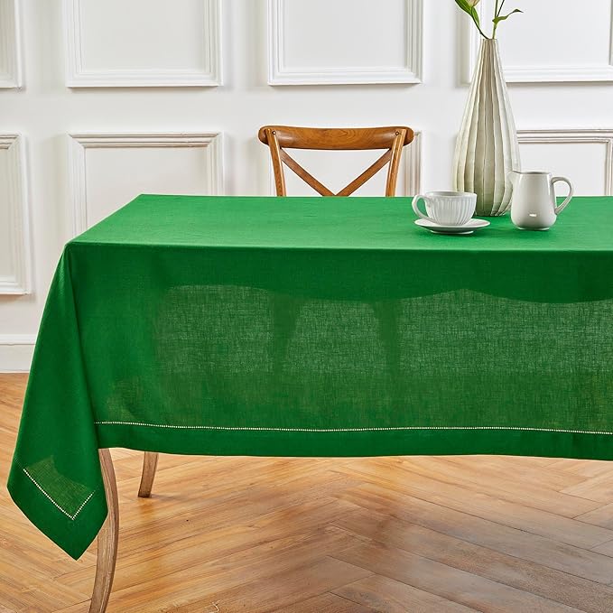 Solino Home Garden Green Linen Tablecloth 60 x 90 Inch - 100% Pure Linen Hemstitch Table Cloth for Rectangle Tables - Classic Hemstitch, Machine Washable Tablecloth