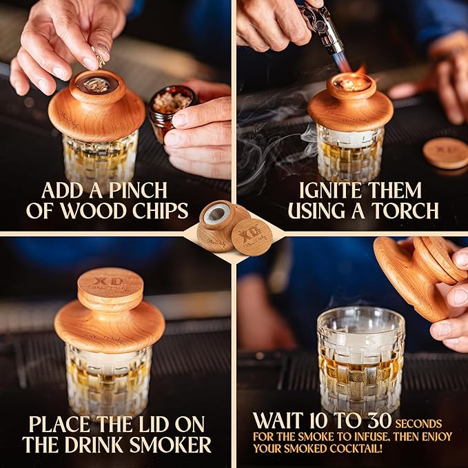 Cocktail Smoker Kit - 8 Wood Chips - 4 Flame Jet Torch - Old Fashioned Cocktail Kit - Whiskey Gift for Men for Him - Whiskey Smoker Kit - Bourbon Smoker