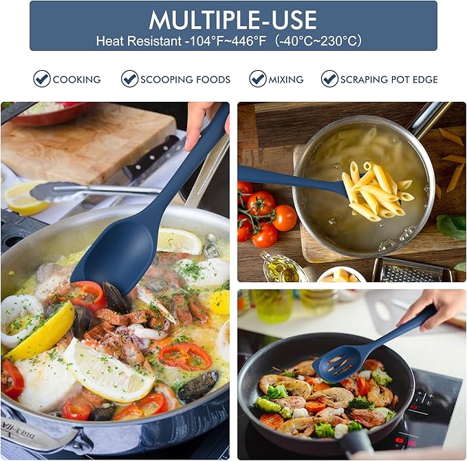 HOTEC 446°F Heat Resistant Silicone Cooking Spoon Spatula, BPA Free Large Kitchen Solid and Slotted Spoons for Mixing, Serving, Scraping, Non-stick, Dishwasher Safe Classic Blue 12.5inch