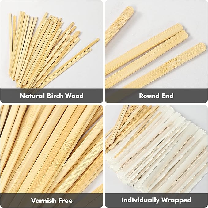 500pcs Bamboo Coffee Stirrers Individually Wrapped, 5.5 Inch Disposable Wood Swizzle Stick Beverage Mixer, Eco Friendly Long Wood Stir Sticks for Mixing Cocktail Hot Chocolate Drinking Tea