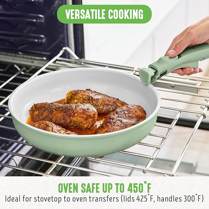 GreenLife 10 Piece Nonstick Pots & Pans Set, Detachable Handle & Stackable Cookware Set, Non Toxic PFAS-Free Skillets, Induction Kitchen Pans, Space Saving, Serving Bowls, Oven Safe, Sage Green