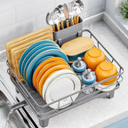Dish Drying Rack for Kitchen Counter, Space-Saving Dish Rack, Multifunctional Dish Drainer Rack, Sink Kitchen Dishes Strainer, Dryer Rack with Drain Board, and Cutlery Holder,Small Size Gray