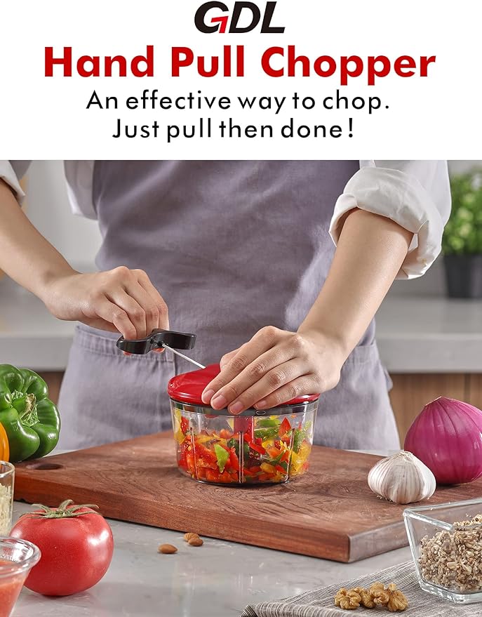 GDL Manual Food Chopper, Hand Pull String Onion Chopper Cutter, Dishwasher Safe Vegetable Chopper Food Mincer, No BPA Food Grade Material, 2.5 Cups 0.6L