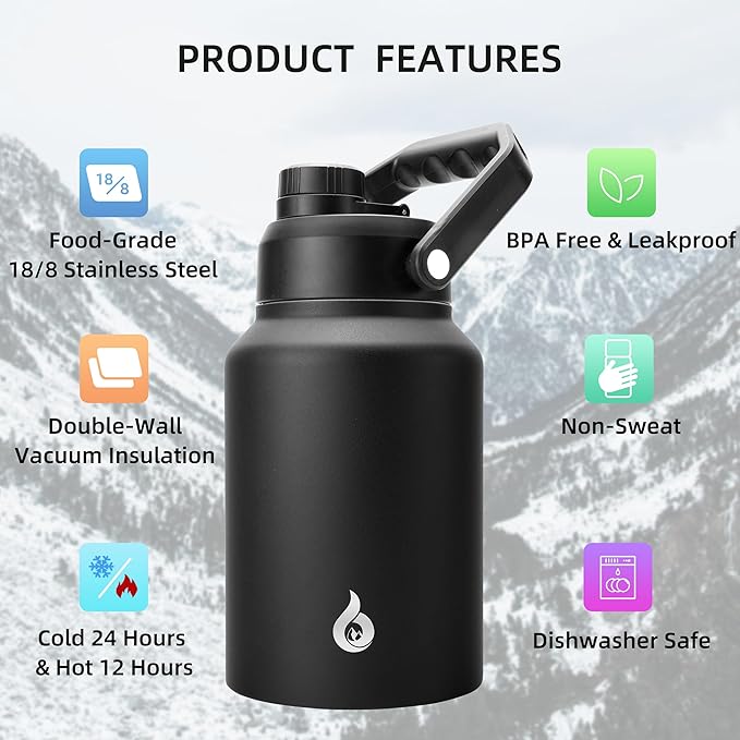 BJPKPK 64 oz Insulated Water Bottle, Dishwasher Safe Half Gallon Water Bottle with Ergonomic Handle, BPA Free Leak Proof Water Jug for Sports, Metal Thermos with Anti-slip Bottom, Black